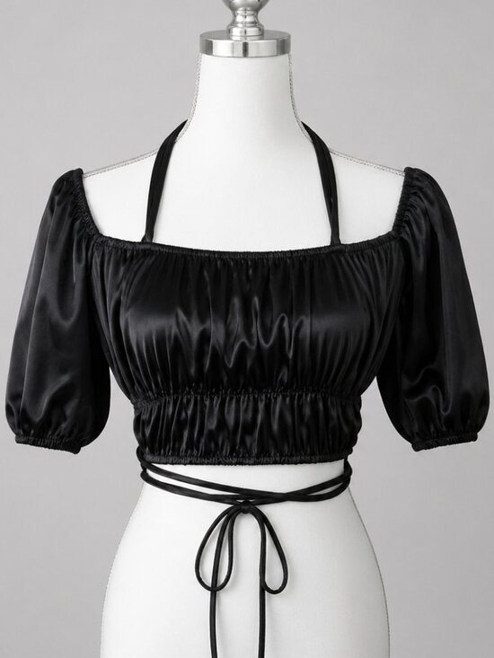 Maniere De Voir Tops - Maniere De Voir Halter Satin Crop Top